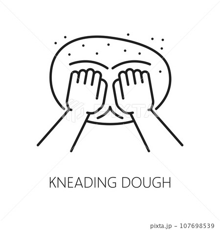 Hands kneading dough for bread cooking, outline icon. Vector wheat dough for pizza or bread and pin, bakery food product, homemade pie Hands kneading dough for bread cooking, outline icon. Vector wheat dough for pizza or bread and pin, bakery food product, homemade pie 107698539