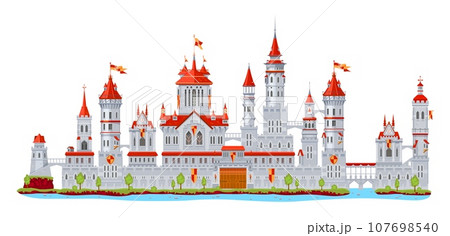 Medieval fortress castle building with walls and palace gate or tower turret and bridge, vector fort. Cartoon fantasy kingdom building and fairy tale fortress castle or royal town and citadel fort Medieval fortress castle building with walls and palace gate or tower turret and bridge, vector fort. Cartoon fantasy kingdom building and fairy tale fortress castle or royal town and citadel fort 107698540