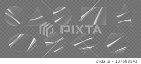 Realistic adhesive overlay patches and transparent plastic stickers, vector sticky film labels. Adhesive patches in circle oval, star or square and triangle or rectangle transparent sticker foil patch Realistic adhesive overlay patches and transparent plastic stickers, vector sticky film labels. Adhesive patches in circle oval, star or square and triangle or rectangle transparent sticker foil patch 107698543