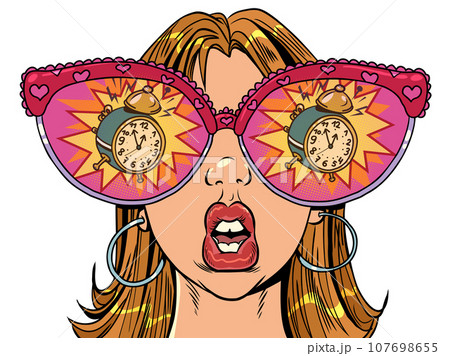 Staying late for an important event and realizing it too late. Huge glasses and reflection in them. A woman with glasses looks at the alarm clock. Staying late for an important event and realizing it too late. Huge glasses and reflection in them. A woman with glasses looks at the alarm clock. 107698655