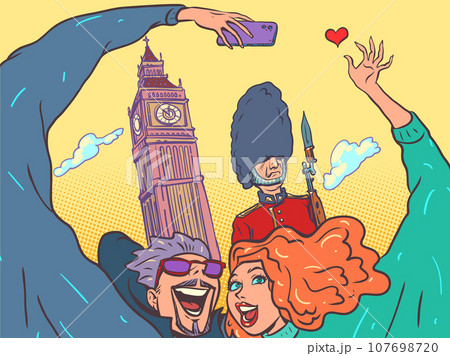 Visit the sights of England. Travel around the world on your honeymoon. A man and a girl are photographed against the backdrop of Big Ben and the royal guard. Visit the sights of England. Travel around the world on your honeymoon. A man and a girl are photographed against the backdrop of Big Ben and the royal guard. 107698720