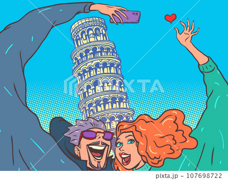 Visit the sights of Italy. Travel around the world on your honeymoon. A man and a girl are photographed against the backdrop of the Leaning Tower of Pisa. 107698722