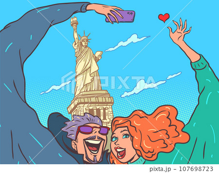 Visit the sights of America. Travel around the world on your honeymoon. A man and a girl are photographed against the backdrop of the Statue of Liberty. 107698723