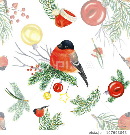 Bullfinch watercolor pattern with fir branches christmas balls santa hat and red berries. Hand drawn illustration isolated on white 107698848