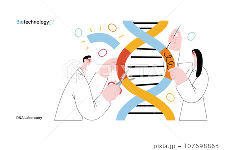 Bio Technology, DNA Laboratory -modern vector concept illustration of scientists dissecting DNA double helix, manipulating and rearranging fragments. Metaphor of advancements in agriculture, medicine Bio Technology, DNA Laboratory -modern vector concept illustration of scientists dissecting DNA double helix, manipulating and rearranging fragments. Metaphor of advancements in agriculture, medicine 107698863