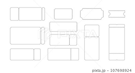 Set of outline raffles or coupons icons. Tickets for boarding on airplane, concert, cinema, museum, festival, theater, circus, exhibition 107698924