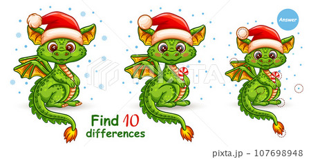 Cute Christmas fantasy dragon, dinosaur, find 10 difference education children puzzle game. Chinese New Year holiday animal. Fairy lizard monster in Santa hat. Search match. Kid logical task. Vector 107698948