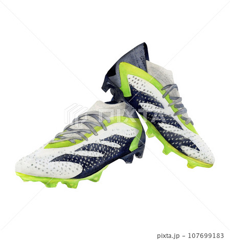 Watercolor drawn pair of football studded boots yellow white and black. Scillfully painted soccer footwear illustration isolated on white background. For logo banners postcards poster stickers leaflet 107699183