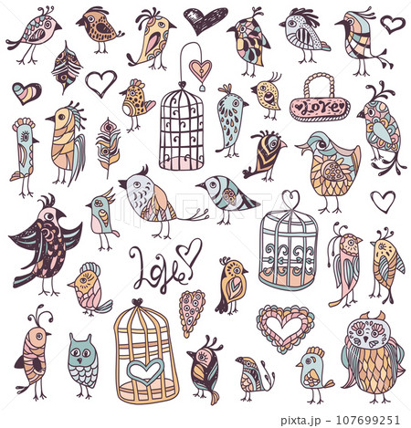Fantasy birds and cages hand drawn illustration 107699251