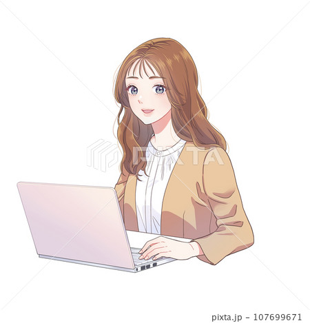 OL　オフィスカジュアル　女性　PC　アニメタッチ 107699671