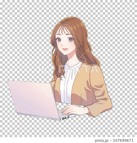 OL　オフィスカジュアル　女性　PC　アニメタッチ 107699671