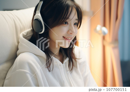 ヘッドホンで音楽を聴く女性「AI生成画像」 107700151