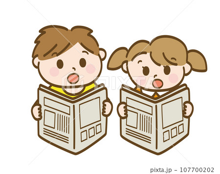 新聞を見て驚く男の子と女の子_小学生低学年_幼児 新聞を見て驚く男の子と女の子_小学生低学年_幼児 107700202