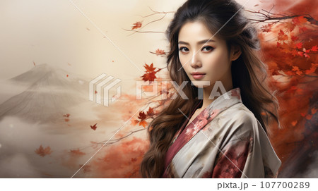 紅葉と着物姿の女性