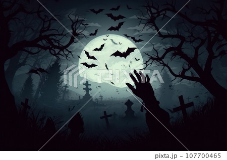 Zombie hand rises from the graveyard on a creepy night Zombie hand rises from the graveyard on a creepy night 107700465