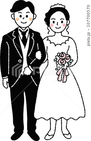 白黒の単純な線で描かれた正面の新郎新婦 107700570