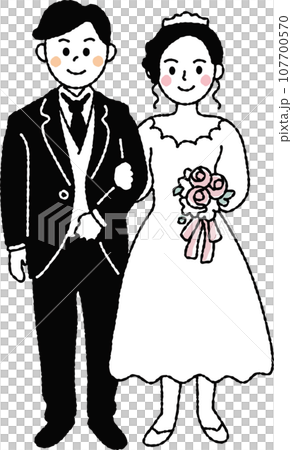 白黒の単純な線で描かれた正面の新郎新婦 107700570