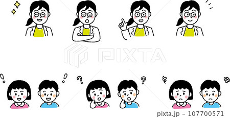 単純な線で描かれた先生に質問がある子どもたち 107700571