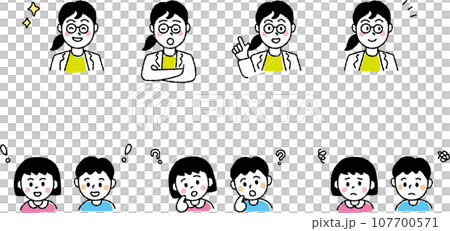 単純な線で描かれた先生に質問がある子どもたち 107700571