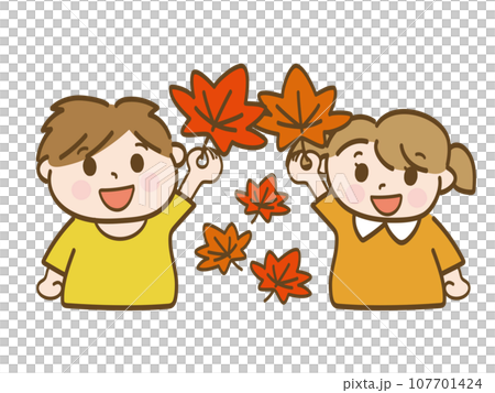 Autumn image illustration_Boys and girls with autumn leaves_Early elementary school students_Preschoolers Autumn image illustration_Boys and girls with autumn leaves_Early elementary school students_Preschoolers 107701424