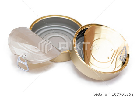 Two Opened Empty Tin Cans With Broken Cover Isolated on White Background 107701558