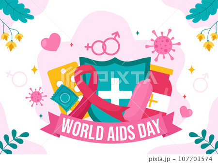 World Aids Day Vector Illustration on 1 december with Red Ribbon to raise awareness of the AIDS epidemic in Flat Cartoon Pink Background Design 107701574