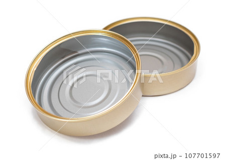 Two Opened Empty Tin Cans Isolated on White Background Two Opened Empty Tin Cans Isolated on White Background 107701597