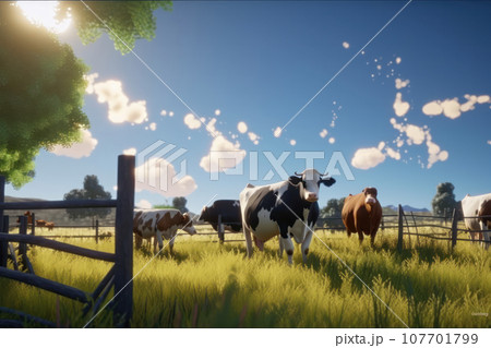 Landscape of cows grazing on a bright green field, surrounded by the serene countryside scenery. The perfect image of sustainable and organic farming, in harmony with nature. Generative AI. 107701799
