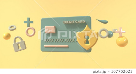 Credit card security theme - Credit card and shield icon - 3D 107702023