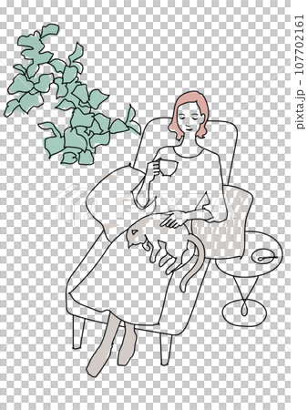 Line drawing of a woman drinking tea while stroking a cat on her lap Line drawing of a woman drinking tea while stroking a cat on her lap 107702161