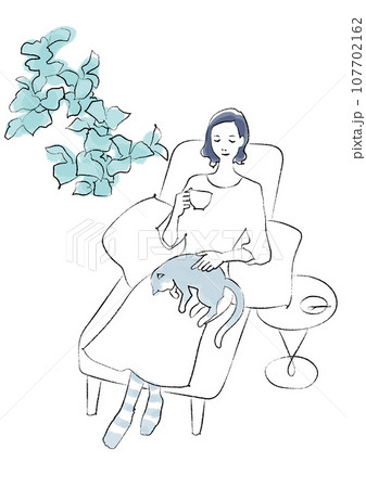 膝に乗った猫を撫でながらお茶を飲む女性 手描き風線画 膝に乗った猫を撫でながらお茶を飲む女性 手描き風線画 107702162