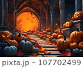 Background of orange pumpkins with scary faces decorated with trees, castles, and black bats for Halloween. 107702499