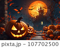 Background of orange pumpkins with scary faces decorated with trees, castles, and black bats for Halloween. 107702500