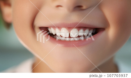 AI-generated content. Perfect white teeth smile of a kid, close up AI-generated content. Perfect white teeth smile of a kid, close up 107703937