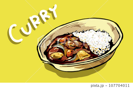 お皿に盛り付けられたカレーライス/黄色背景 お皿に盛り付けられたカレーライス/黄色背景 107704011