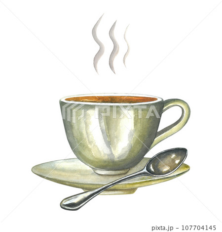 Watercolor composition of illustrations of a cup of tea on a saucer, with a metal spoon and steam. Isolated on transparent background, hand drawn Watercolor composition of illustrations of a cup of tea on a saucer, with a metal spoon and steam. Isolated on transparent background, hand drawn 107704145