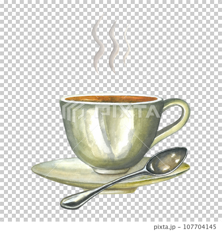 Watercolor composition of illustrations of a cup of tea on a saucer, with a metal spoon and steam. Isolated on transparent background, hand drawn Watercolor composition of illustrations of a cup of tea on a saucer, with a metal spoon and steam. Isolated on transparent background, hand drawn 107704145