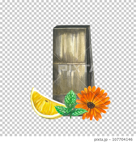 Watercolor illustration of a paper bag of tea, lemon, mint and calendula. Isolated on transparent background, hand drawn Watercolor illustration of a paper bag of tea, lemon, mint and calendula. Isolated on transparent background, hand drawn 107704146