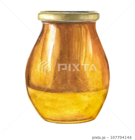 Watercolor illustration of a glass honey jar with a lid. Isolated on a transparent background, hand drawn 107704148