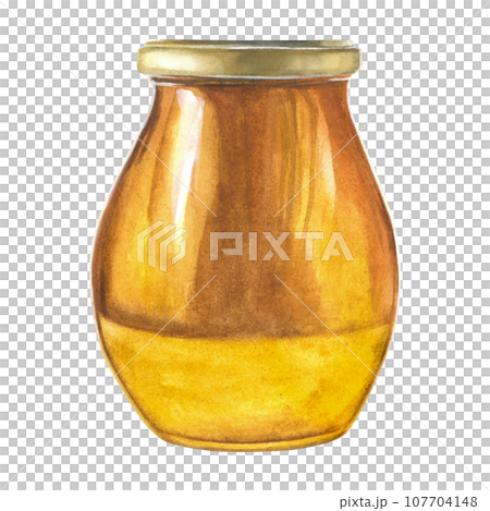 Watercolor illustration of a glass honey jar with a lid. Isolated on a transparent background, hand drawn 107704148
