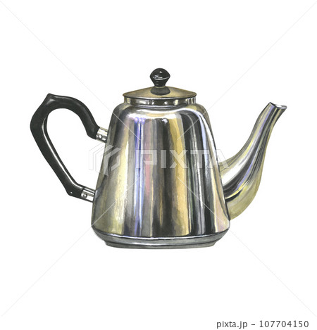 Watercolor illustration of a metal teapot. Isolated on a transparent background, hand drawn Watercolor illustration of a metal teapot. Isolated on a transparent background, hand drawn 107704150