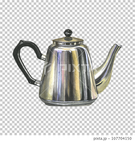 Watercolor illustration of a metal teapot. Isolated on a transparent background, hand drawn Watercolor illustration of a metal teapot. Isolated on a transparent background, hand drawn 107704150