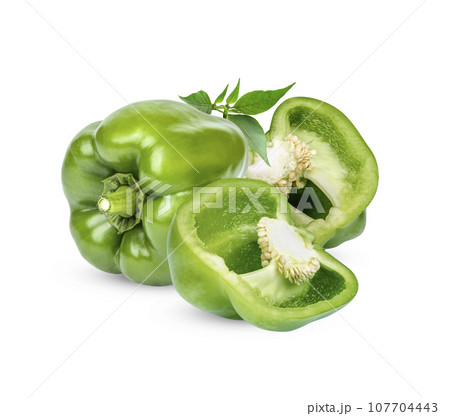 Fresh green sweet pepper with leaves isolated on white background 107704443