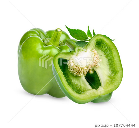 Fresh green sweet pepper with leaves isolated on white background 107704444