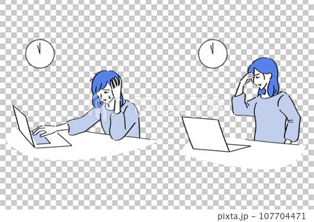 A woman in a cut-and-sew dress who is tired from working on a PC until late at night 107704471