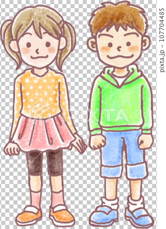 蠟筆畫風格國小男女生_全身 107704485