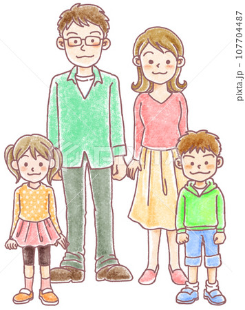 クレヨン画風人物_全身_若い親子4人 107704487