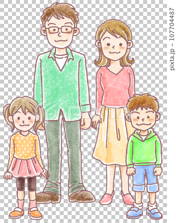 蠟筆畫風格人物_全身_四個年輕父母和孩子 107704487