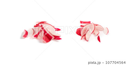 Chopped Radish Roots Isolated, Red Root Cuts, Diced Red Radishes Pile, Sliced Radis on White Background 107704564
