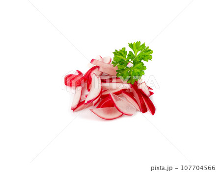 Chopped Radish Roots Isolated, Red Root Cuts, Diced Red Radishes Pile, Sliced Radis on White Background 107704566